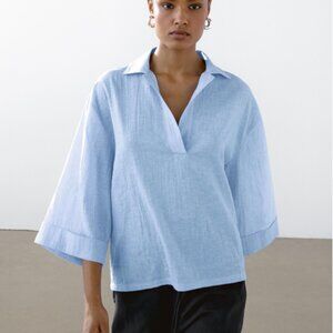 Massimo Dutti Linen Blend Blouse with Polo Collar - Size Small